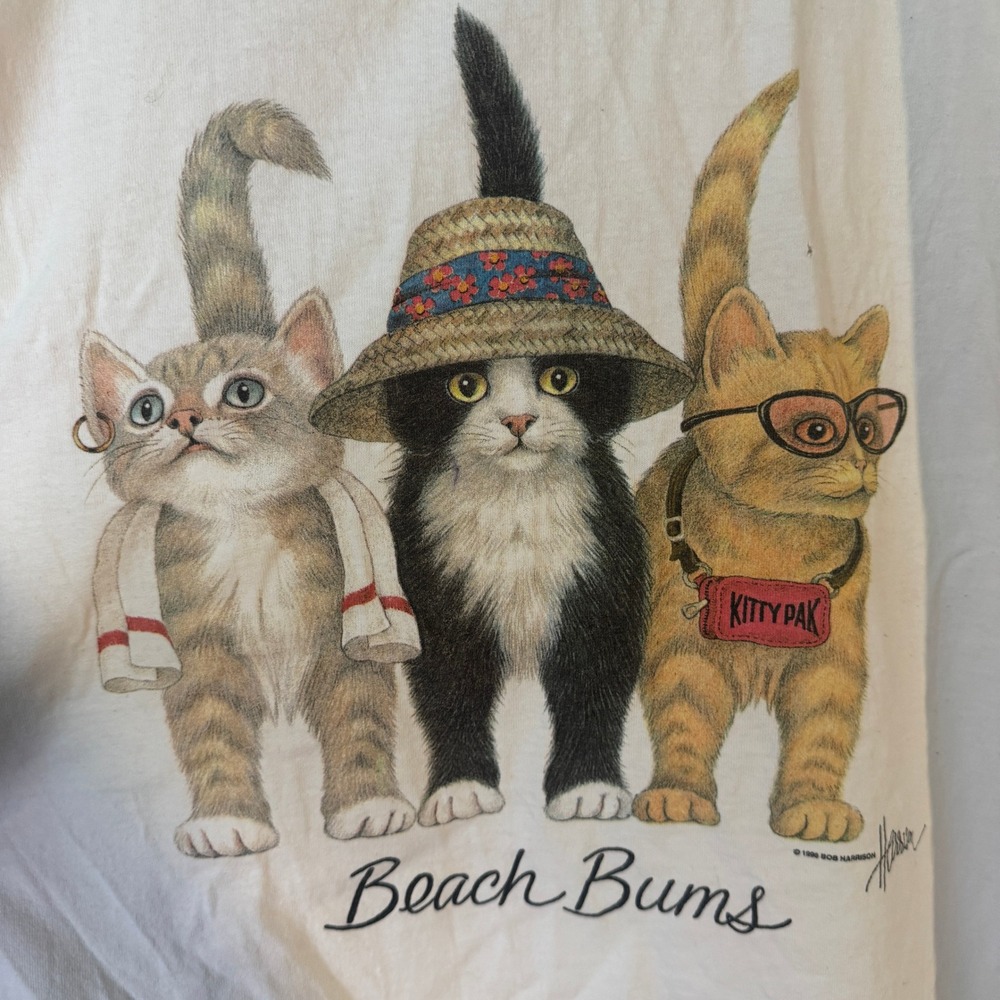 Vintage 1996 Bob Harrison Beach Bums Cat T-Shirt 2XL White Murina USA Made